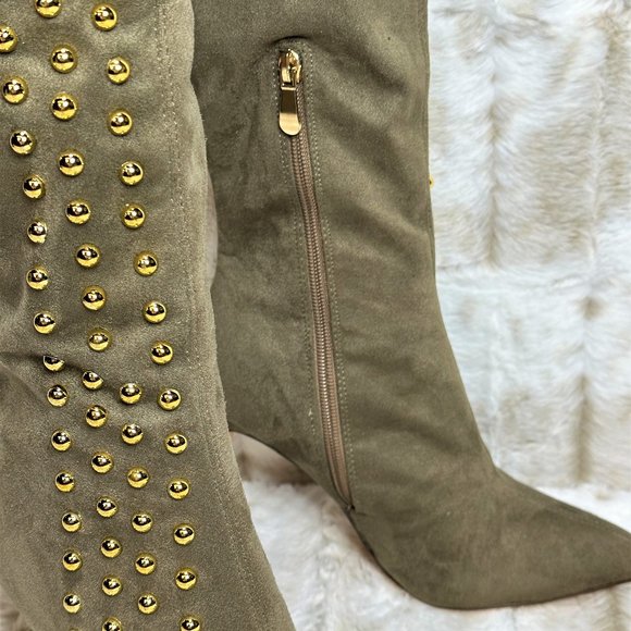 So Me Olive Army Green Gold Stud Thigh High Heel Boots - Picture 5 of 7